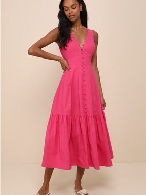 NWT Lulus Blissful Afternoon Hot Pink Linen Tie-Back Midi Dress